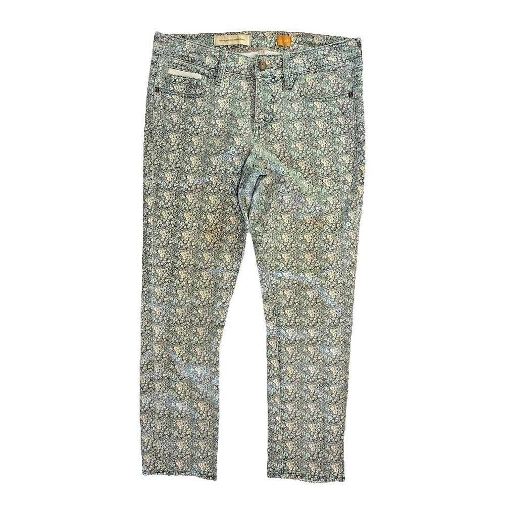 Pilcro Anthropologie Floral Cropped Stet Jeans Sz 28 Blue Pastel Cottage Romance